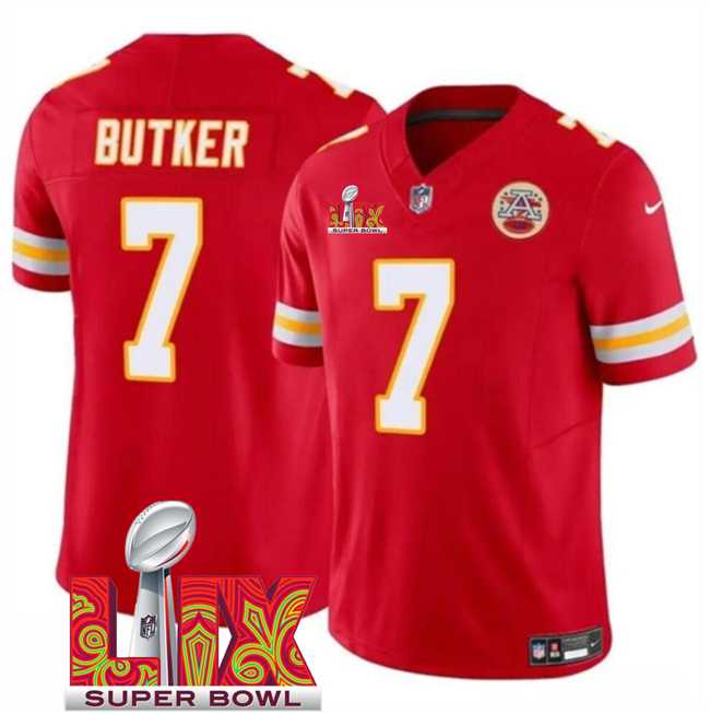 Men & Women & Youth Kansas City Chiefs #7 Harrison Butker Red 2025 Super Bowl LIX Patch F.U.S.E. Vapor Limited Stitched Jersey
